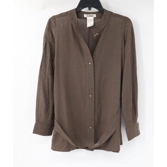 Chloe blouse women's 34 long sleeve belted button front wool blend lightweight - Picture 1 of 13